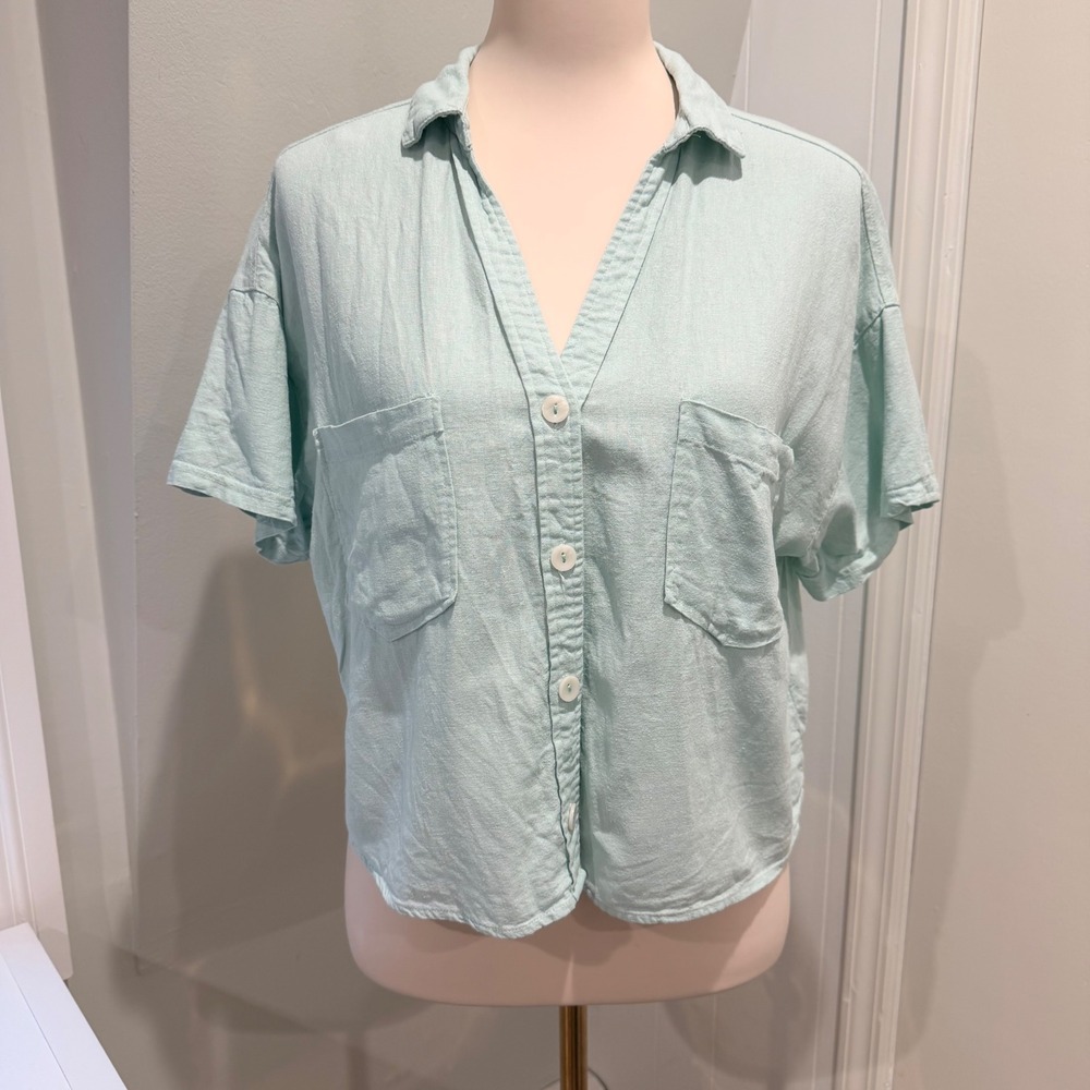 Laundry Mint Green Linen Blend Short Sleeve Button Down Cropped Top | Size M